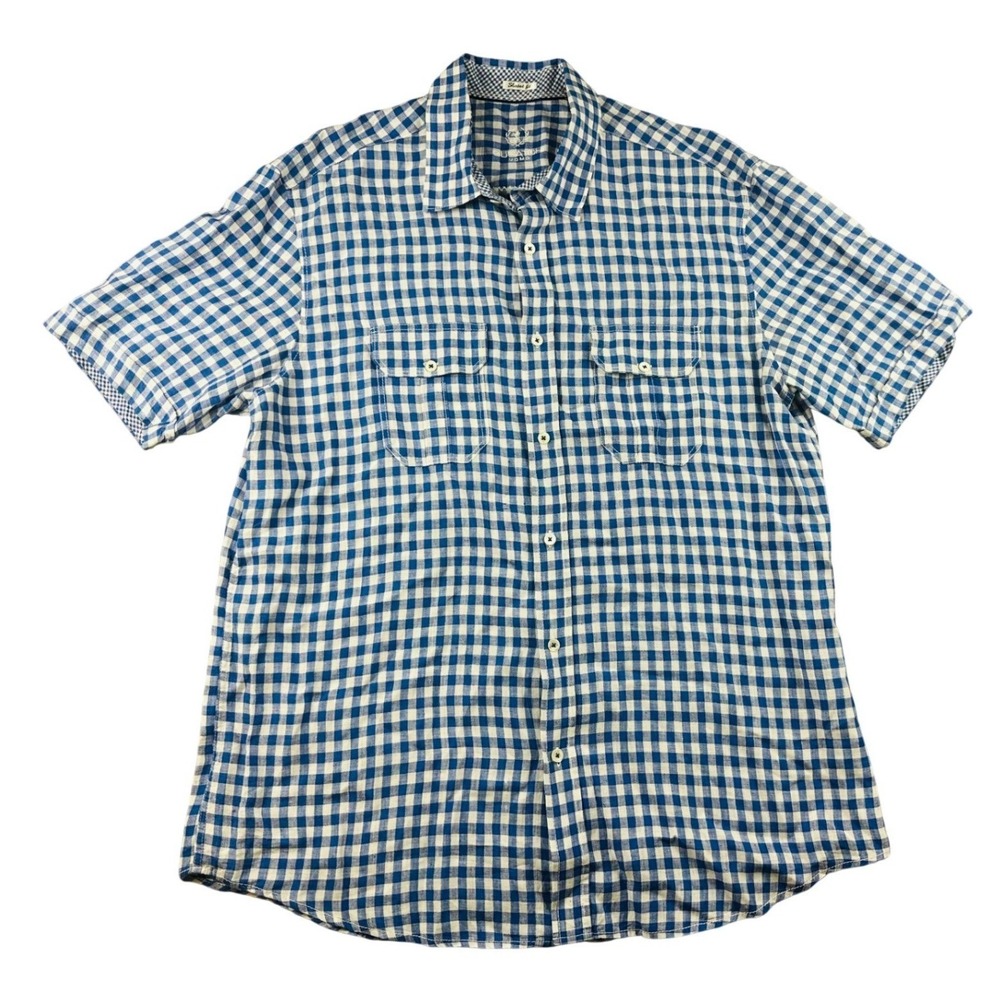 Bugatchi Uomo Shirt Men XL Blue‎ Shaped Fit Check Gingham Linen Short Sleeve